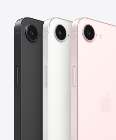 iPhone 17e, parte lateral y trasera, color negro, parte lateral y trasera, color blanco, parte lateral y trasera, color rosa palo, cámara Fusion en la parte superior y botón lateral
