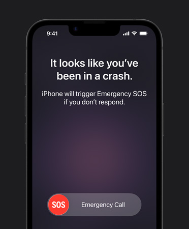 iPhone 17e sedd framifrån, funktionen Kraschdetektering används