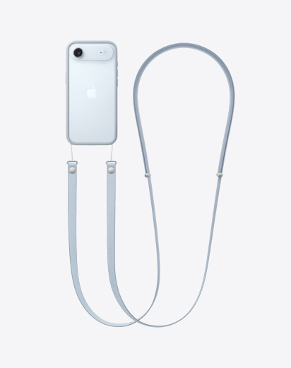 iPhone Air mostrato da dietro, agganciato alla tracolla con bumper grigio chiaro