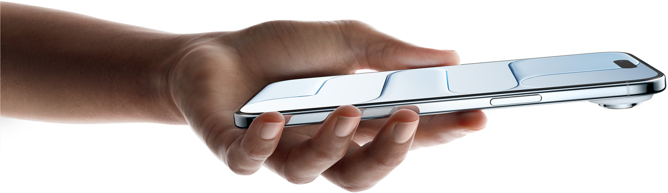 Gök Mavisi iPhone Air’i tutan bir el, önden ve yandan dış görünüm, çok ince profil, Dynamic Island, Yan düğme ve Kamera Denetimi düğmesi