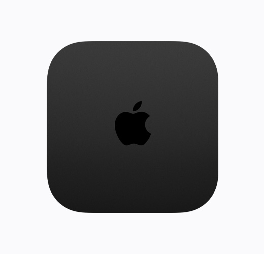 Apple TV 4K, màu đen, mặt ngoài nhìn từ trên xuống, logo Apple TV màu đen trơn bóng