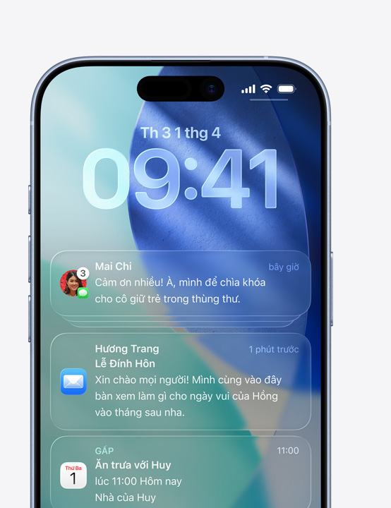 Màn hình iPhone hiển thị cửa sổ Tin Nhắn bật lên, cửa sổ Mail bật lên, cửa sổ Lịch bật lên