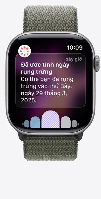 Apple Watch Series 11, Space Gray aluminum case color, Ovulation date estimation notification from Cycle Tracking in Health app, Digital Crown, band, forest Sport Loop